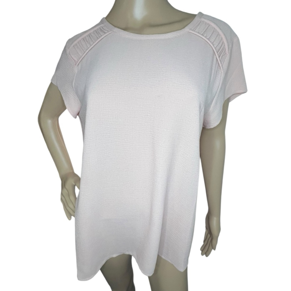 Pleione Blush Pink Loose Fit Short Sleeve Blouse With Pleated Shoulder Detail